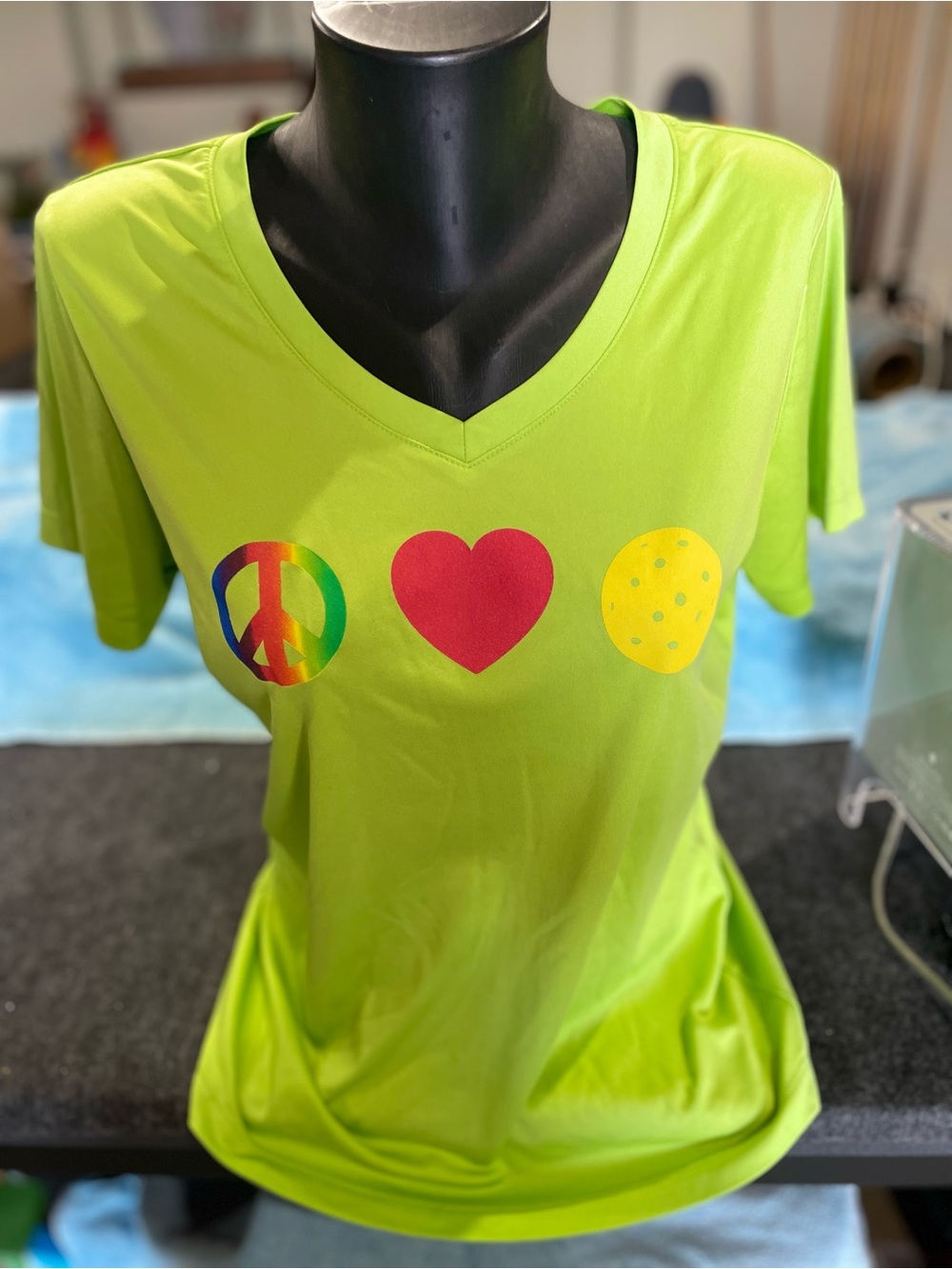 Sport-Tek Neon Green V-Neck Tee with Peace, Heart & Dot Graphics